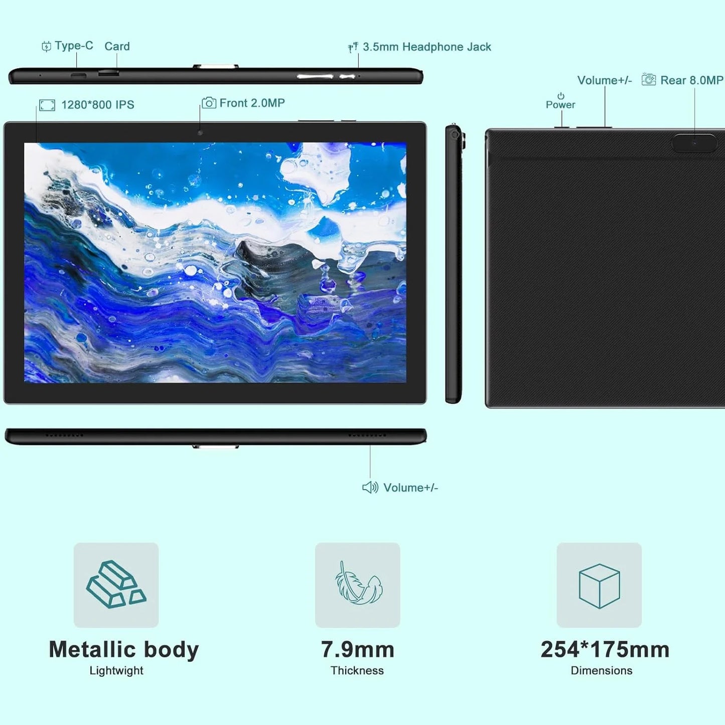10.1 Inch Android 15 Tablet PC, 2025 Newest Tablet with Keyboard, 8GB+64GB Storage 1TB Expandable, Quad-Core Processor, 8MP Dual Camera, 6000Mah, Wifi, GPS, Bluetooth, 1280X800 IPS Full HD Display