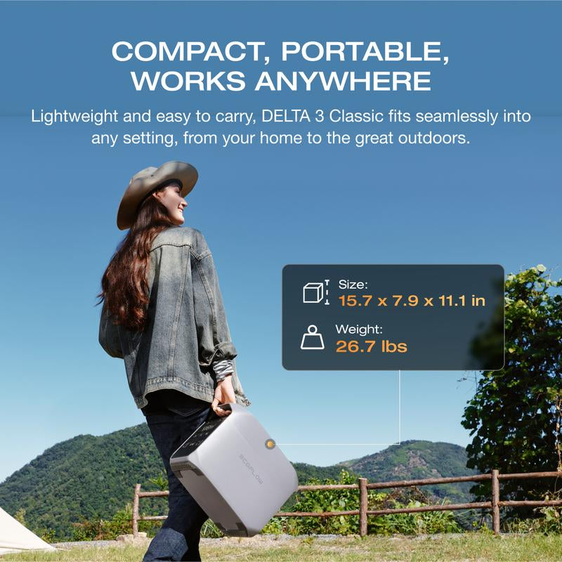ECOFLOW DELTA 3 Classic Portable Power Station with 220W Solar Panel, Solar Charging, Lifepo4 Battery, 1800W AC/100W USB-C Output