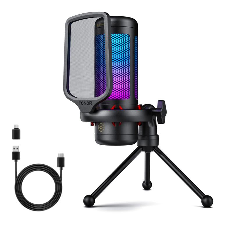 TONOR TC310 USB Streaming Gaming Microphone for PC, PS4/PS5, RGB Lighting, Easy Sound Control, One-Tape Mute, Mic with Mount Adapter