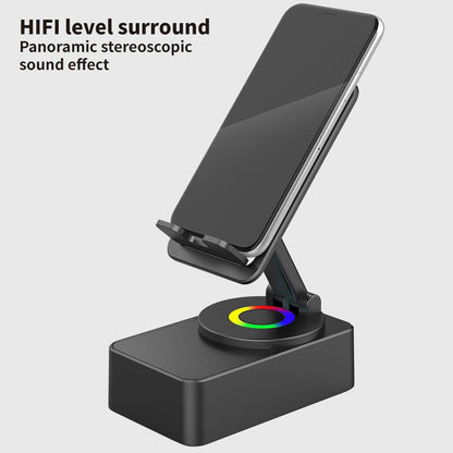 Wireless Audio Bluetooth Speaker 5In1 Phone Holder Emergency Rechargeable with Colorful Ambient Light 360° Foldable for Tablet Iphone Android Best Gift for Women or Men Adjustable Rotatable