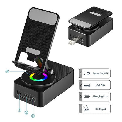 Wireless Audio Bluetooth Speaker 5In1 Phone Holder Emergency Rechargeable with Colorful Ambient Light 360° Foldable for Tablet Iphone Android Best Gift for Women or Men Adjustable Rotatable