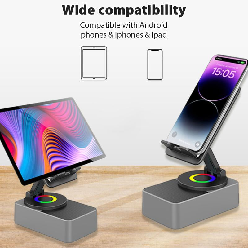 Wireless Audio Bluetooth Speaker 5In1 Phone Holder Emergency Rechargeable with Colorful Ambient Light 360° Foldable for Tablet Iphone Android Best Gift for Women or Men Adjustable Rotatable