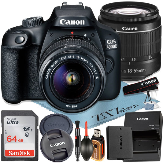 Canon EOS 4000D / Rebel T100 DSLR Camera + EF-S 18-55Mm Lens + Sandisk 64GB Memory Card +  Bundle (International Model)