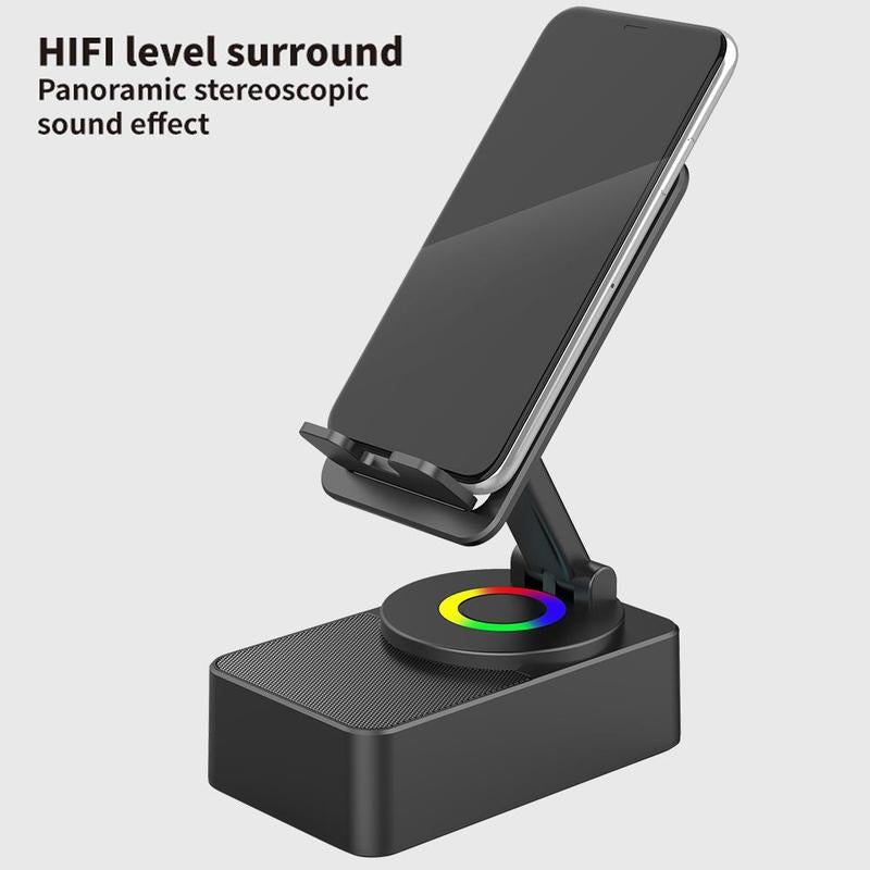 Wireless Audio Bluetooth Speaker 5In1 Phone Holder Emergency Rechargeable with Colorful Ambient Light 360° Foldable for Tablet Iphone Android Best Gift for Women or Men Adjustable Rotatable