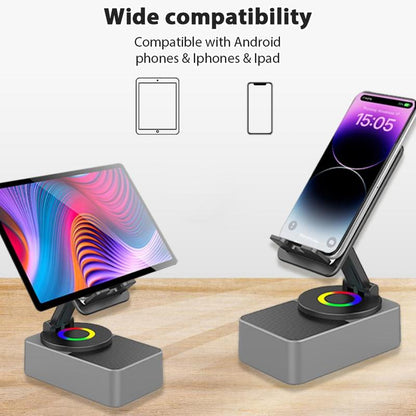 Wireless Audio Bluetooth Speaker 5In1 Phone Holder Emergency Rechargeable with Colorful Ambient Light 360° Foldable for Tablet Iphone Android Best Gift for Women or Men Adjustable Rotatable