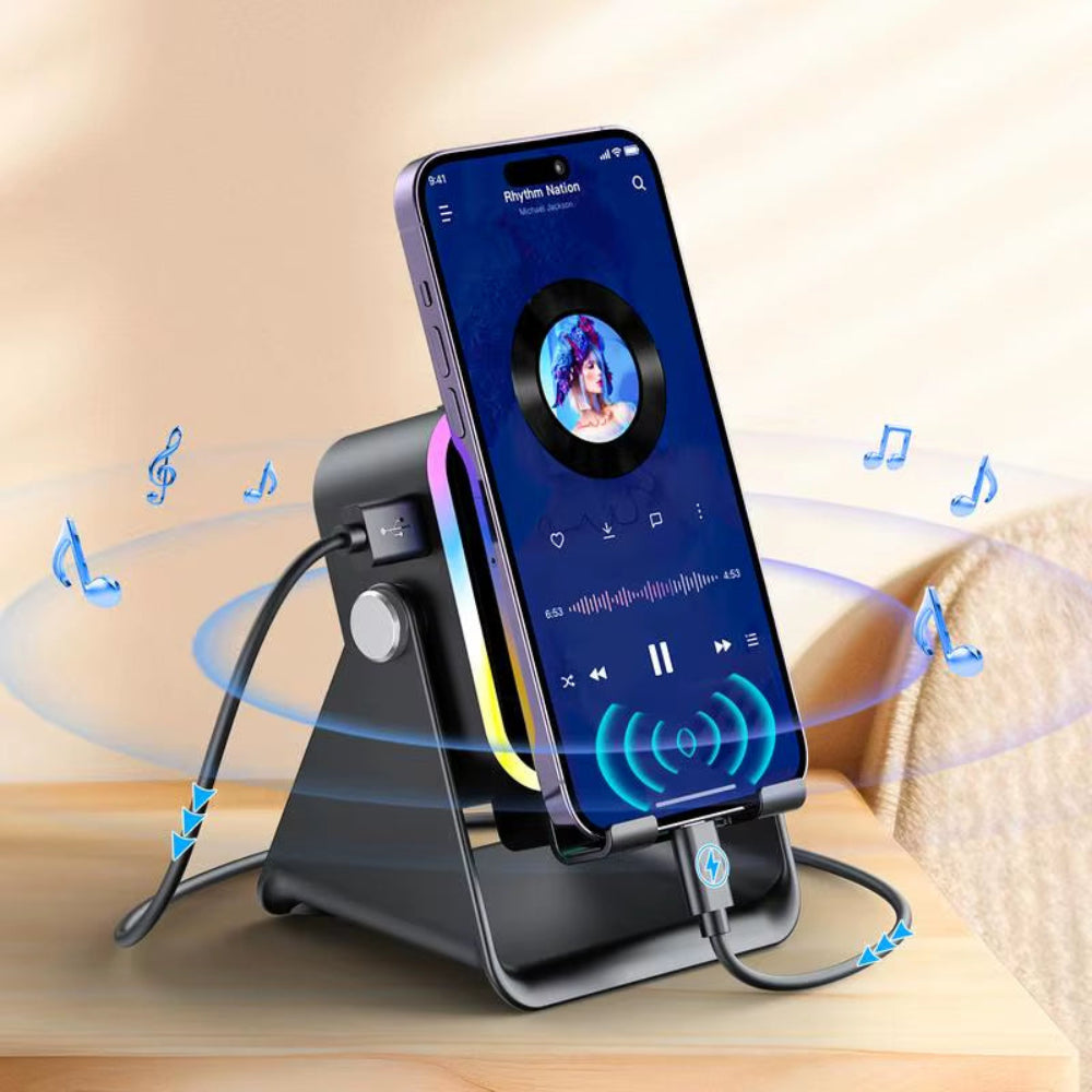 2026 Wireless Induction Audio Speaker Bracket Emergency Power 360 Adjustable Bracket with Colorful Ambient Light.