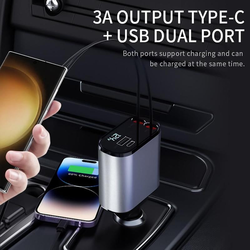 CHENGKE 4 in 1 Retractable Car Charger,Super Fast Charging Car Charger Max 120W, Retractable Cable and 2 USB Ports Car Charger Adapter for Iphone 15 14 13 12 Pro Max, Galaxy S23 Bluetooth Charger Phone Charger C