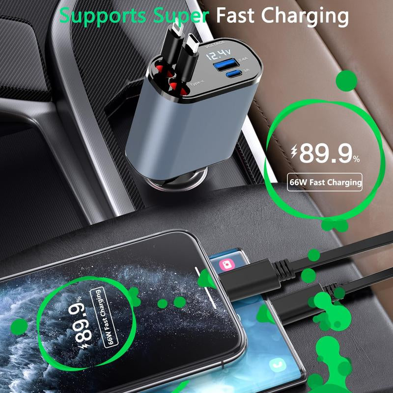 CHENGKE 4 in 1 Retractable Car Charger,Super Fast Charging Car Charger Max 120W, Retractable Cable and 2 USB Ports Car Charger Adapter for Iphone 15 14 13 12 Pro Max, Galaxy S23 Bluetooth Charger Phone Charger C