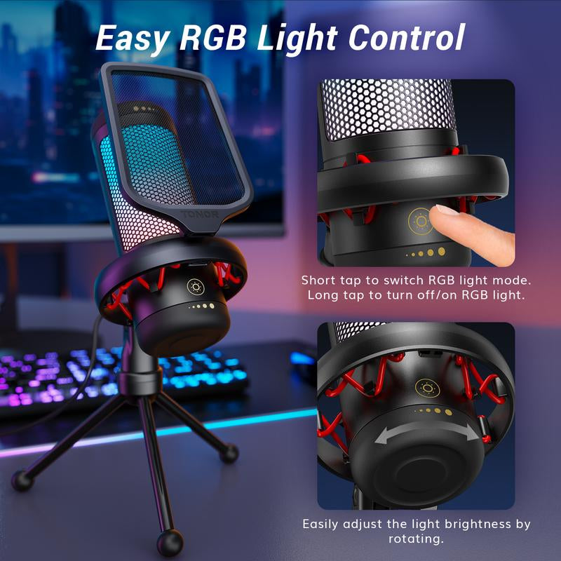 TONOR TC310 USB Streaming Gaming Microphone for PC, PS4/PS5, RGB Lighting, Easy Sound Control, One-Tape Mute, Mic with Mount Adapter
