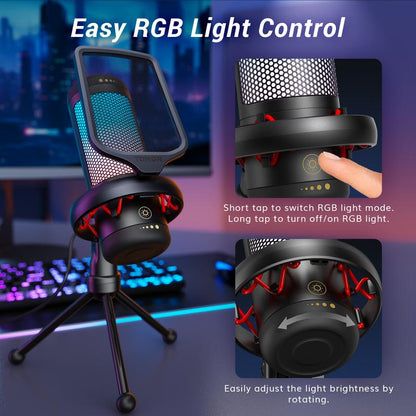 TONOR TC310 USB Streaming Gaming Microphone for PC, PS4/PS5, RGB Lighting, Easy Sound Control, One-Tape Mute, Mic with Mount Adapter