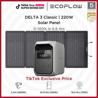 ECOFLOW DELTA 3 Classic Portable Power Station with 220W Solar Panel, Solar Charging, Lifepo4 Battery, 1800W AC/100W USB-C Output