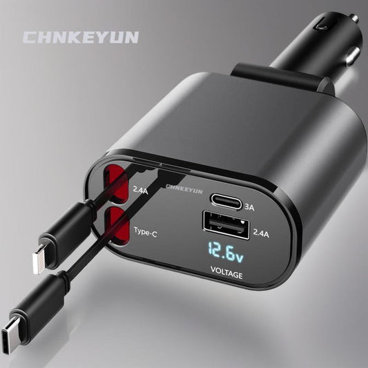 CHENGKE 4 in 1 Retractable Car Charger,Super Fast Charging Car Charger Max 120W, Retractable Cable and 2 USB Ports Car Charger Adapter for Iphone 15 14 13 12 Pro Max, Galaxy S23 Bluetooth Charger Phone Charger C