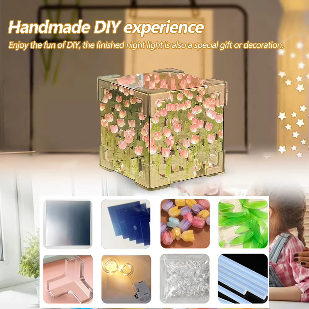 Tulip Night Light LED Decorative Nights Lamp Handmade DIY Tulip Mirror Night Light Tulip Cube Mirror Lamp Flowers Birthday Gifts