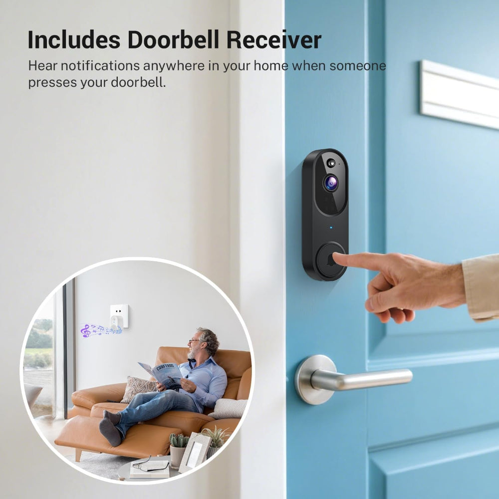 Wireless Wi-Fi Video Doorbell Camera with AI Motion Detection, 2 Way Audio, Night Vision, Cloud Storage, 2.4Ghz Wi-Fi Only, Battery Powered