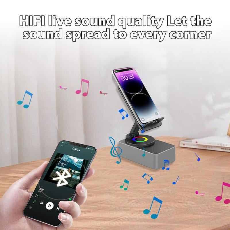 Wireless Audio Bluetooth Speaker 5In1 Phone Holder Emergency Rechargeable with Colorful Ambient Light 360° Foldable for Tablet Iphone Android Best Gift for Women or Men Adjustable Rotatable