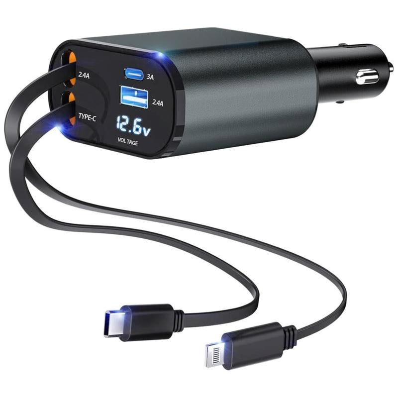 CHENGKE 4 in 1 Retractable Car Charger,Super Fast Charging Car Charger Max 120W, Retractable Cable and 2 USB Ports Car Charger Adapter for Iphone 15 14 13 12 Pro Max, Galaxy S23 Bluetooth Charger Phone Charger C