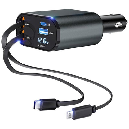 CHENGKE 4 in 1 Retractable Car Charger,Super Fast Charging Car Charger Max 120W, Retractable Cable and 2 USB Ports Car Charger Adapter for Iphone 15 14 13 12 Pro Max, Galaxy S23 Bluetooth Charger Phone Charger C