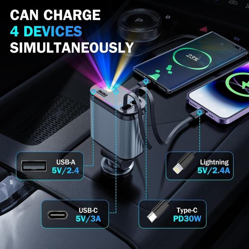 CHENGKE 4 in 1 Retractable Car Charger,Super Fast Charging Car Charger Max 120W, Retractable Cable and 2 USB Ports Car Charger Adapter for Iphone 15 14 13 12 Pro Max, Galaxy S23 Bluetooth Charger Phone Charger C