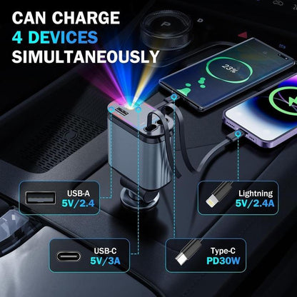 CHENGKE 4 in 1 Retractable Car Charger,Super Fast Charging Car Charger Max 120W, Retractable Cable and 2 USB Ports Car Charger Adapter for Iphone 15 14 13 12 Pro Max, Galaxy S23 Bluetooth Charger Phone Charger C