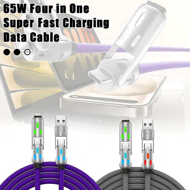 [Buy 1 Get 1 Free] 6.6Ft 4-In-1 Multi USB Charging Cable with USB A,Type C,Lightning-Max65W Fast Charging & Data Sync for Iphone16/15,Ipad Pro, Fast Charger Usb Cable 4-In-1 Fast Breathing Light -Max 1 Usb-C Data 4 1 Charging Cable