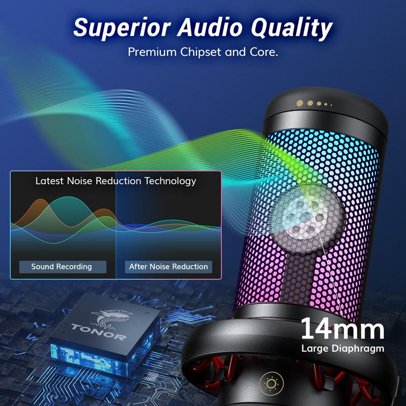 TONOR TC310 USB Streaming Gaming Microphone for PC, PS4/PS5, RGB Lighting, Easy Sound Control, One-Tape Mute, Mic with Mount Adapter