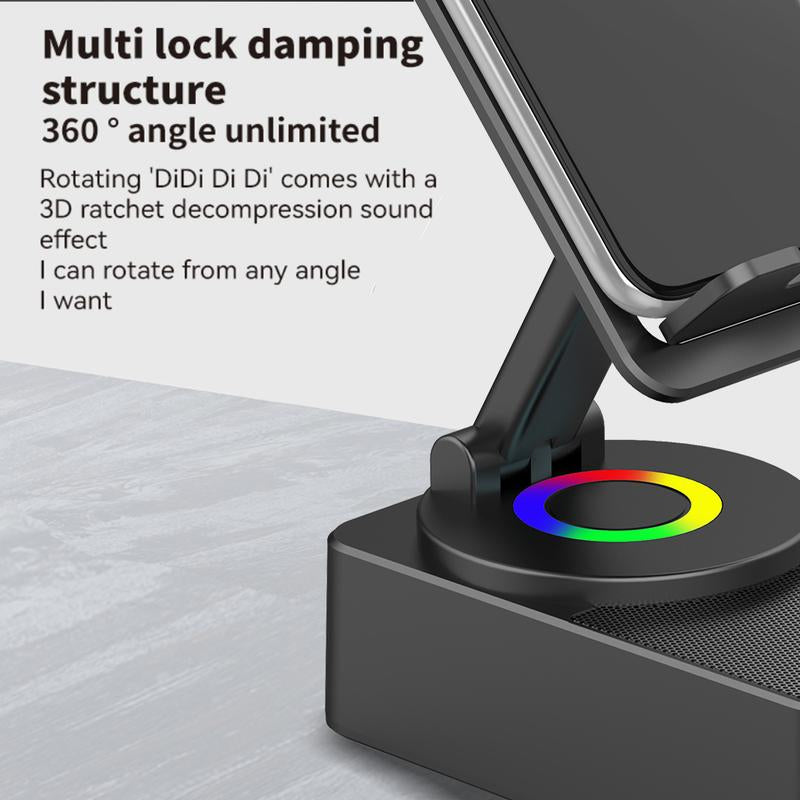 Wireless Audio Bluetooth Speaker 5In1 Phone Holder Emergency Rechargeable with Colorful Ambient Light 360° Foldable for Tablet Iphone Android Best Gift for Women or Men Adjustable Rotatable