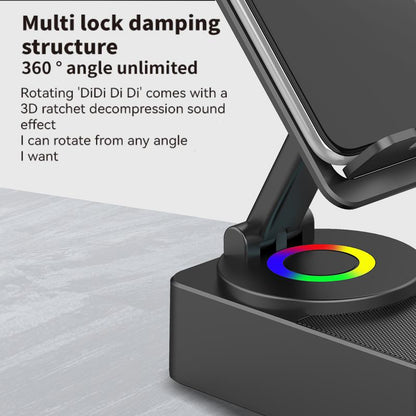 Wireless Audio Bluetooth Speaker 5In1 Phone Holder Emergency Rechargeable with Colorful Ambient Light 360° Foldable for Tablet Iphone Android Best Gift for Women or Men Adjustable Rotatable