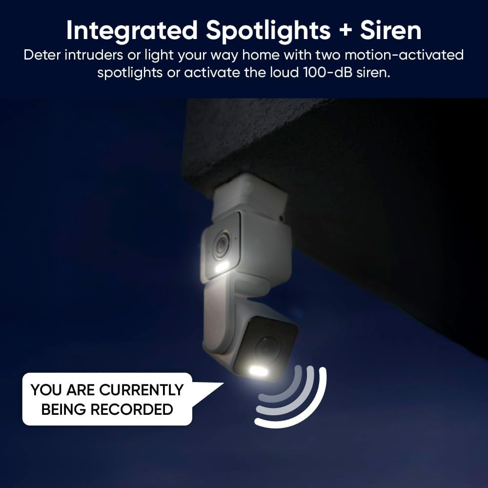 Duo Cam Pan Indoor/Outdoor IP65 2K 360° Pan/Tilt Smart Home Security Camera with Color Night Vision, Compatible with Alexa & Google Assistant, White