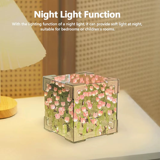 Tulip Night Light LED Decorative Nights Lamp Handmade DIY Tulip Mirror Night Light Tulip Cube Mirror Lamp Flowers Birthday Gifts
